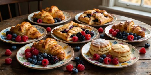 A collection of handmade pastries and fresh berries on vintage ceramic plates