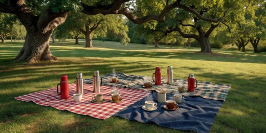 Picnic blankets laid out under mature oak trees with thermos flasks and ceramic cups