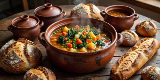 A large ceramic pot of warm seasonal vegetable soup surrounded by crusty bread loaves