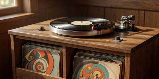 A turntable playing a vinyl record on a timber cabinet with record sleeves propped up